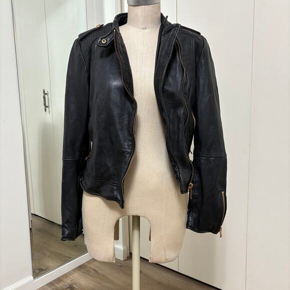 Zara Basic Woman's Black with Gold Hardware Lamb Leather Moto Jacket Large - Picture 5 of 10